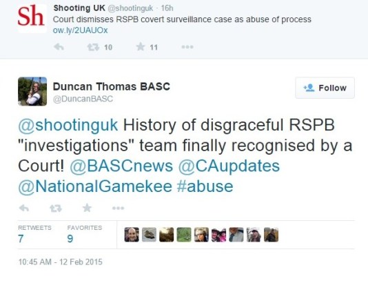 Duncan Thomas tweet RSPB covert video case